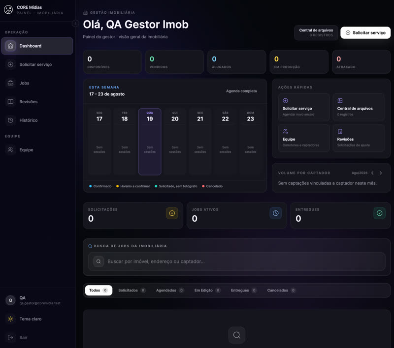 Painel do gestor na Core Intranet, com agenda da semana, ações rápidas e busca de jobs da imobiliária